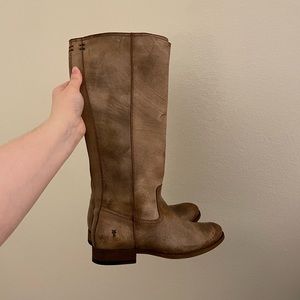 NWOT Frye Melissa Brown Leather Inside Zip Knee High Heeled Boots Size 7.5